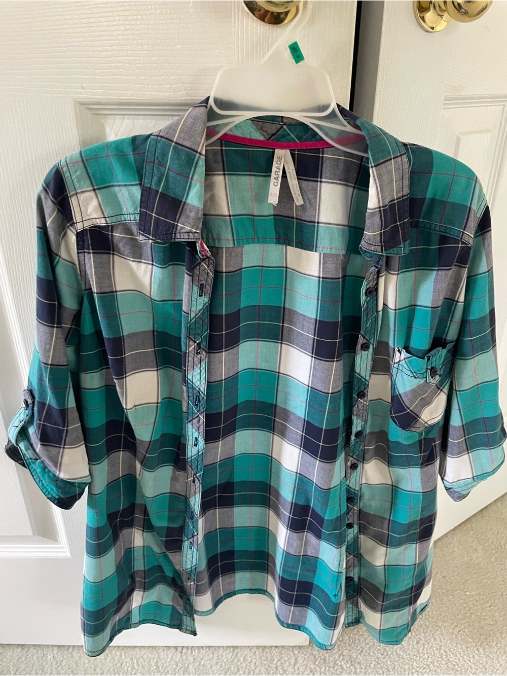 Garage Teal, Navy & White Plaid Button-Down Shirt